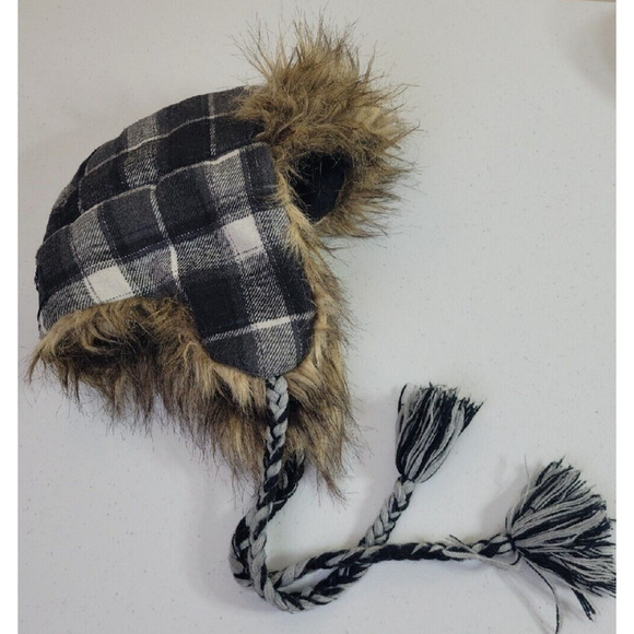 American Eagle Outfitters Gray Plaid Faux Fur Lined Trapper Hat Women's Size S-M - Picture 6 of 9